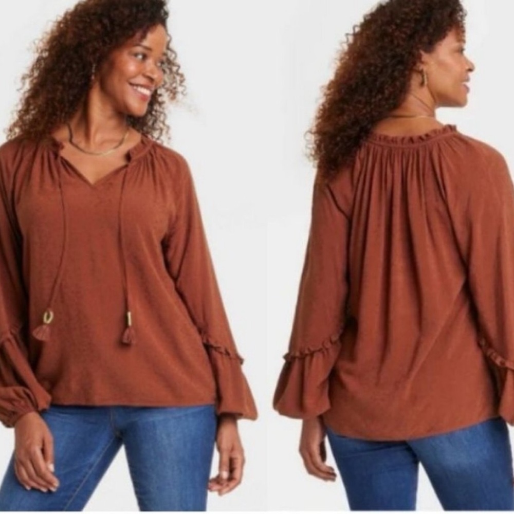 ❤️ NWT! Knox Rose Burnt Orange Textured Ruffle Peasant Blouse